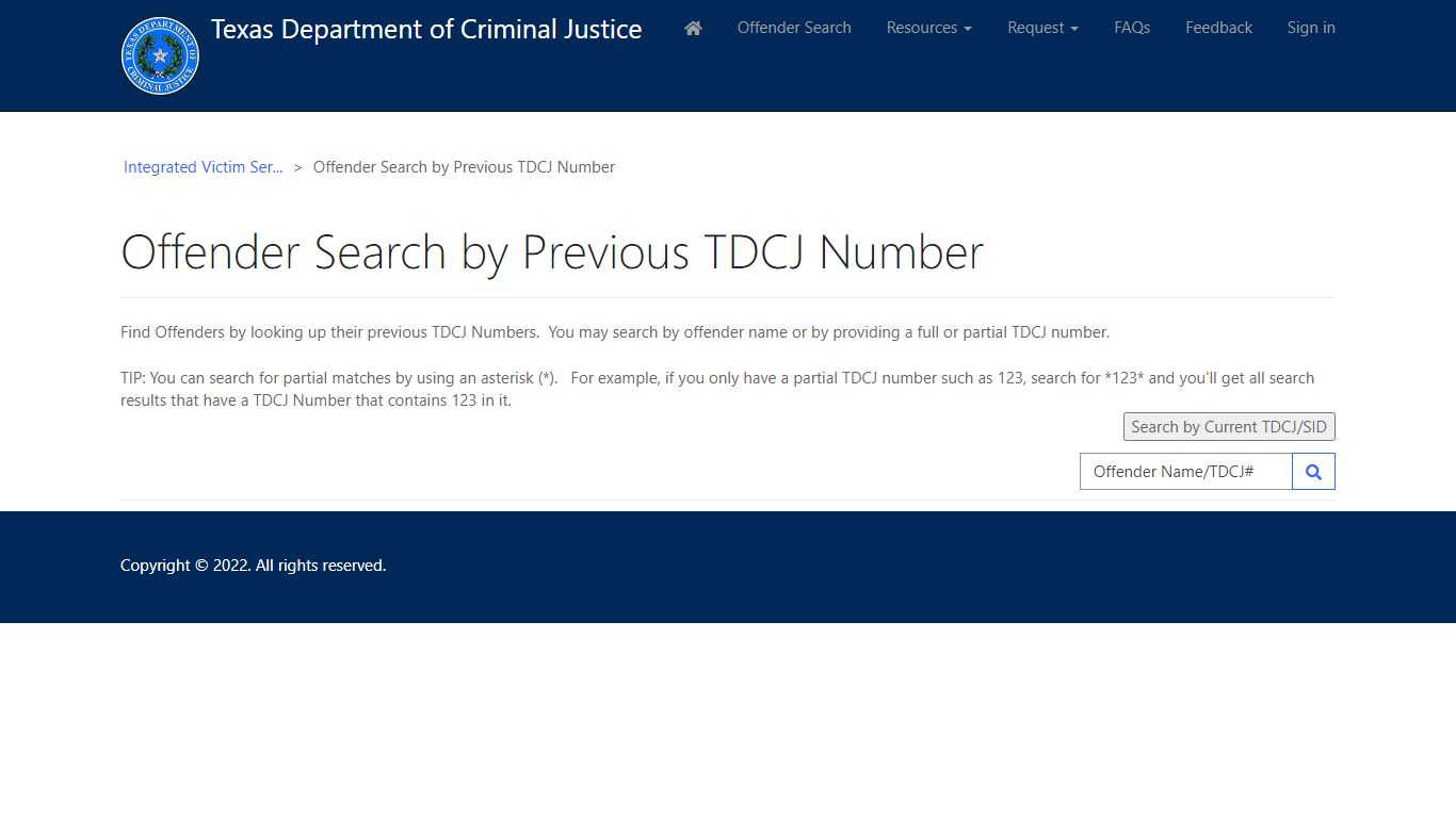 Offender Search by Previous TDCJ Number · Customer Self-Service - Texas